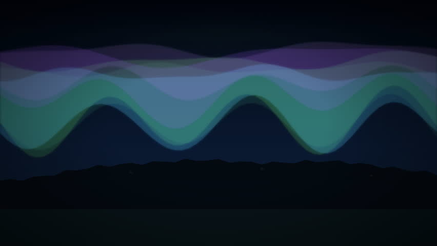 Colorful northern lights flowing in night sky above mountain silhouettes with falling snow