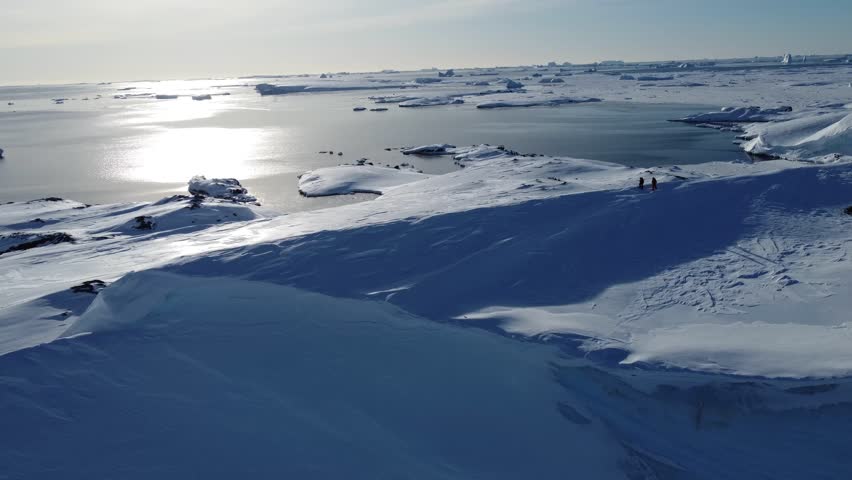 Drone view of Woozle Hill glacier near Wordie House and Vernadsky Station, Antarctica