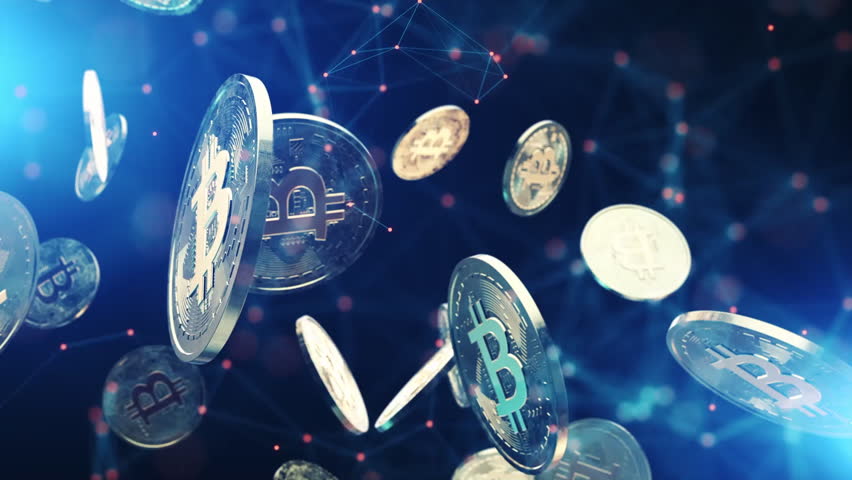 A dynamic display of floating Bitcoin coins against a digital network background, illustrating the concept of cryptocurrency and blockchain technology.