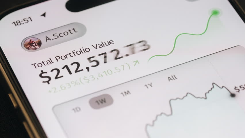 Close-up smartphone screen displaying financial trading app with portfolio growth, details charts and market data. Concept of investing, fintech, stock market performance and mobile wealth management