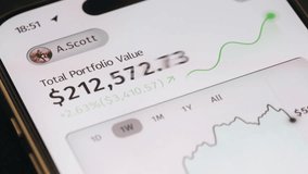 Close-up smartphone screen displaying financial trading app with portfolio growth, details charts and market data. Concept of investing, fintech, stock market performance and mobile wealth management - Powered by Shutterstock - Get 15% off with code: PIKWIZARD15