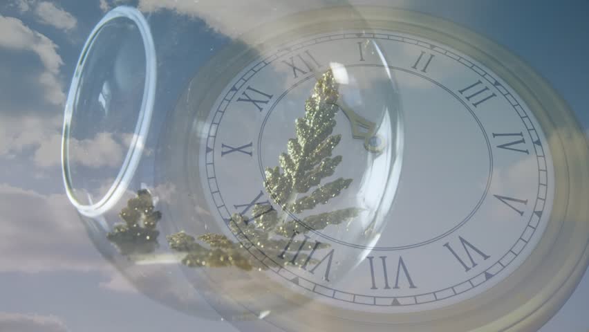 On play Roman numeral pocketwatch orb with gold leaf rotating over clouds hands moving for design. Timepiece, ornament, sprig, glass, doubleexposure, layered, reflections