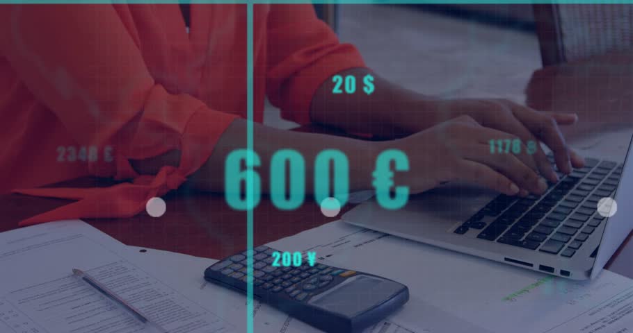 Adult woman typing on laptop reaching calc and causing currency labels forming rising finance chart. Desktop, office, calculator, documents, data, visualization, graphs