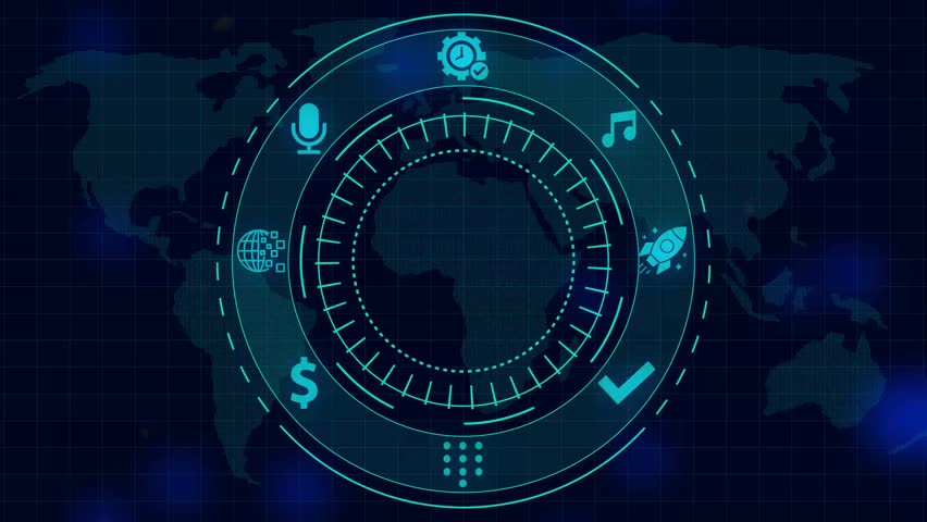 Futuristic Digital HUD Interface with World Map and " BIZ" Text technology