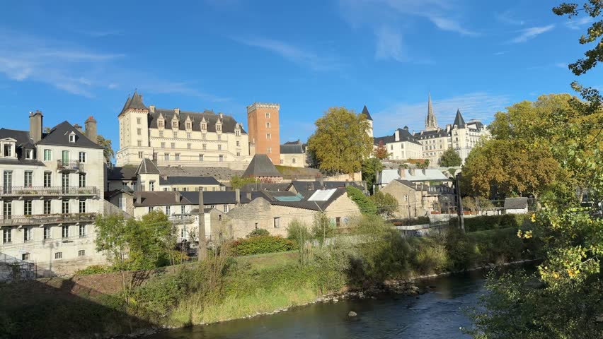 Pau Castle and City Skyline at the River on a Sunny Day in France