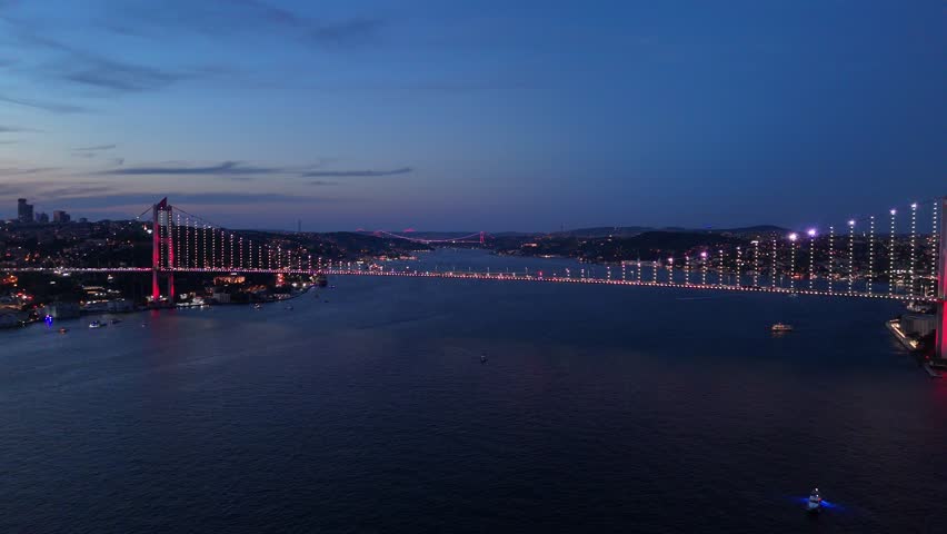 Dusk aerial of Bosphorus bridge connecting Europe and Asia. Istanbul, Turkey