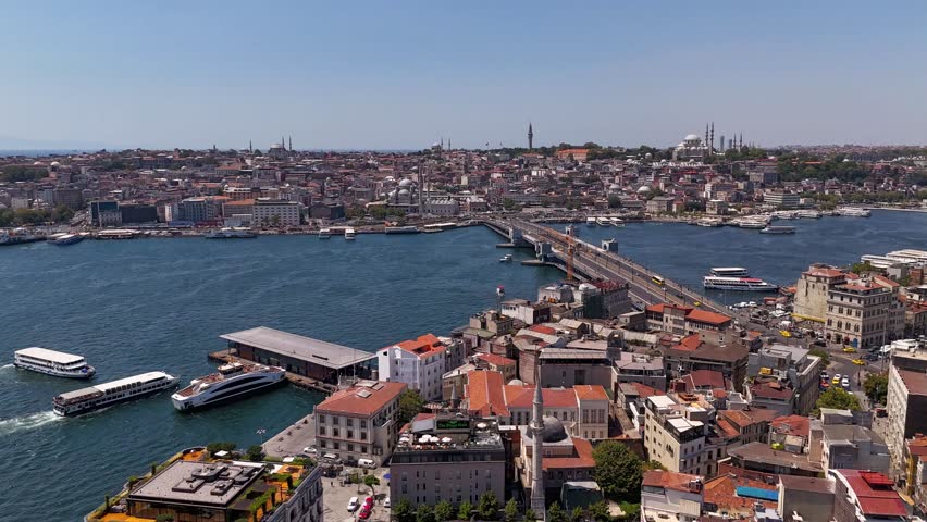 Hyperlapse of Galata Bridge over the Golden Horn waterway. Istanbul, Turkey