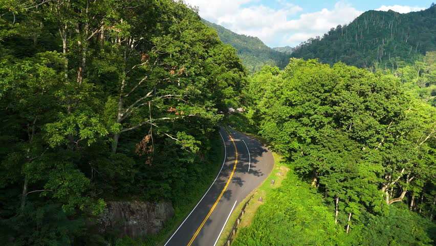 Overlook in Appalachian Mountains in summer. Car parking area for hikers and travelers. Mountain pass in North Carolina.