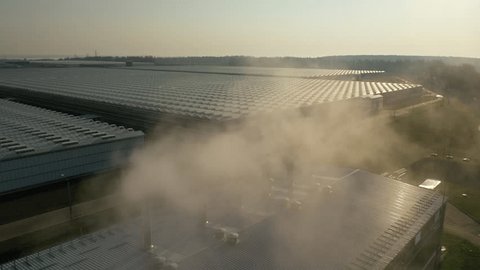 Drone Orbiting above Industrial Greenhouse Complex