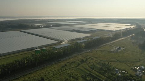Drone Following Road beside Greenhouse Facilities