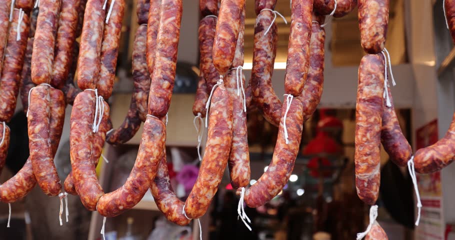 Traditional Chinese lunar new year food: dried sausage in chengdu city,China