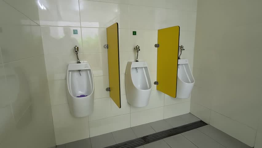 A row of clean ceramic urinals installed in a public men