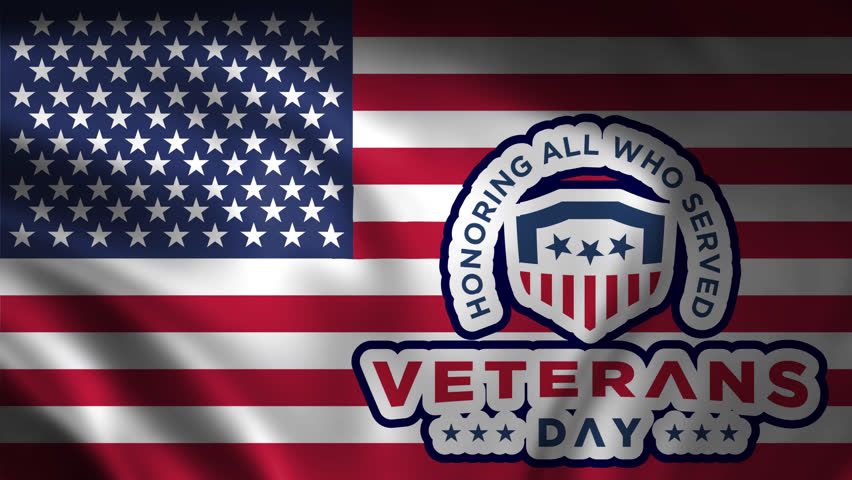 Displaying an American flag with the words "Veterans Day," background