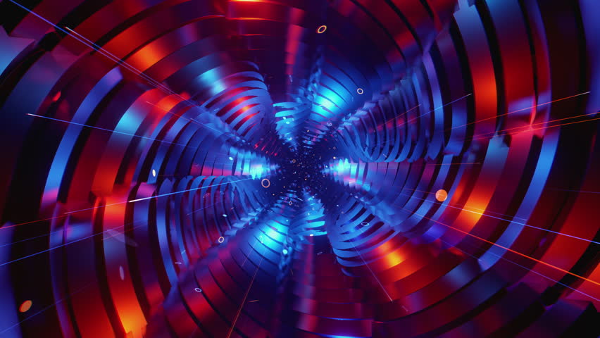 Abstract futuristic corridor background with layered angular shapes and rhythmic depth for high-tech club visuals,  electronic music festivals, stage screens and for LED video walls