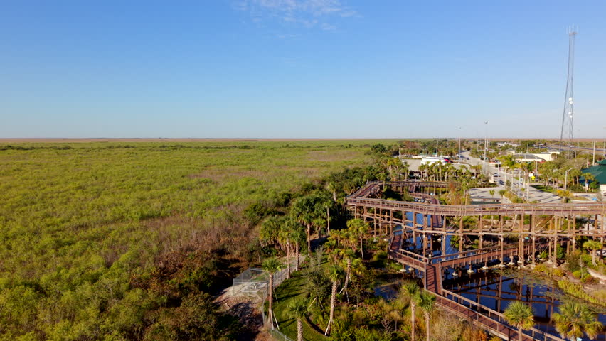 Aerial drone footage of the new Everglades Elevated Boardwalk at rest area mile marker 35 Weston Florida