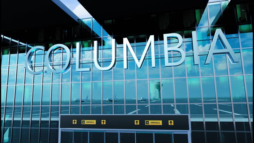 Airlane landing at Columbia. Arrival in the city with reflection of airport and aircraft