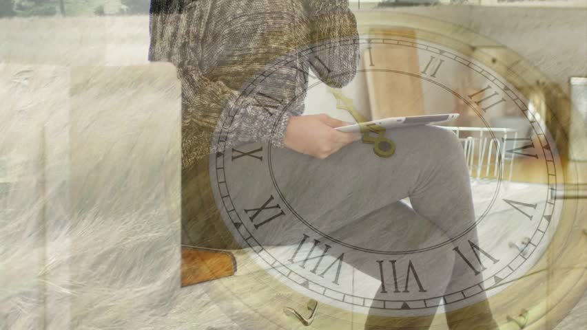 Phone ringing, woman with tablet answering phone, clock face overlay spinning during remote work. Home, kitchen, daylight, bench, multitask, telework, communication