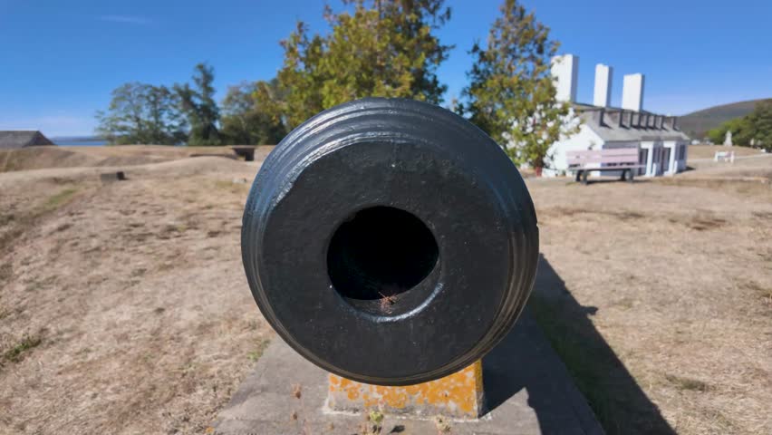 Slow motion footage the town of Annapolis Royal in Nova Scotia Canada showing a canon with a buzzing wasp sitting on the canon 