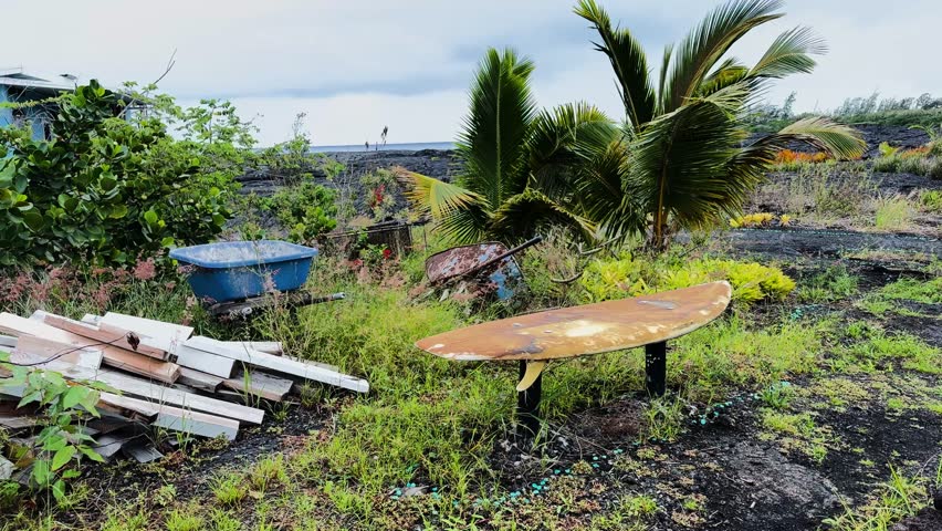 Fixed shot of surfboard, tools and vegetation growing on lava in Kalapana, Hawaii