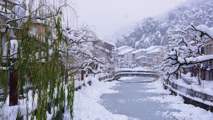 Beautiful Winter Scene in Japan, Snow in Kinosaki Onsen Town