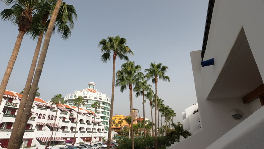 A smooth pushin shot featuring tall palm trees and white resort architecture in Tenerife, Canary Islands. Perfect for travel and vacation content.