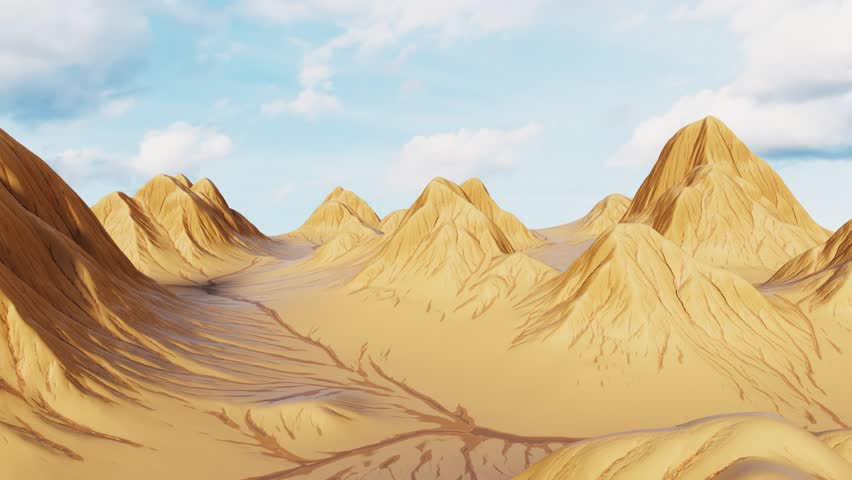Cinematic aerial flight over vast desert mountains under blue sky with moving clouds in 3d animation