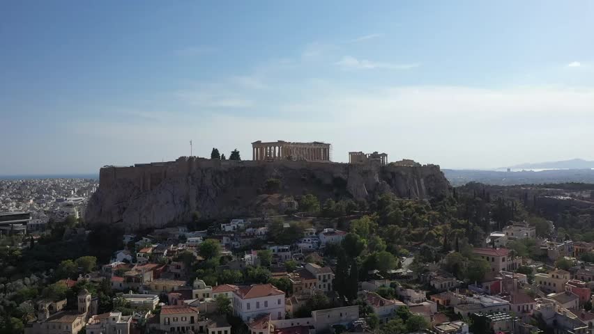 acropolis view with a drone flight in athens