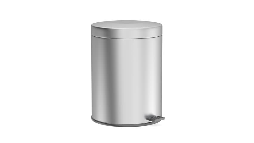 Opening the lid of an empty silver pedal garbage bin