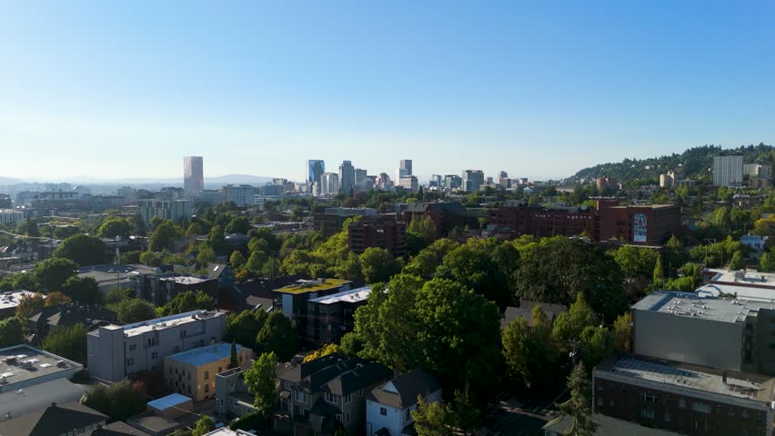 Drone shot of Downtown, Portland Oregon at sunrise.