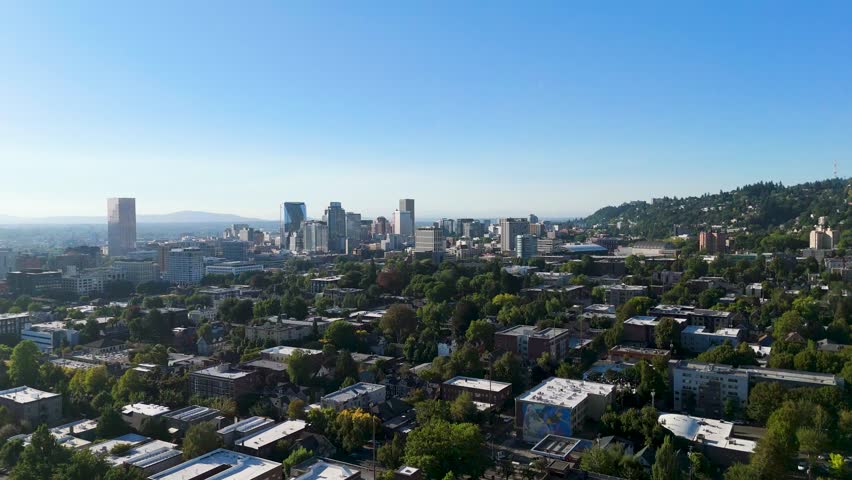 Drone shot pulling out from Downtown Portland, Oregon.