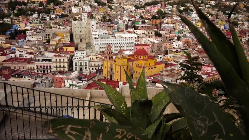 Guanajuato City views from above with colorful buildings and city landscape in Mexico