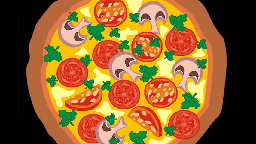 Video animation with round pizza
with smoked salami sausage, mushrooms champignons, vegetables tomatoes,
cheese, mayonnaise and parsley. 
Animated motion effect. Pizza video footage.