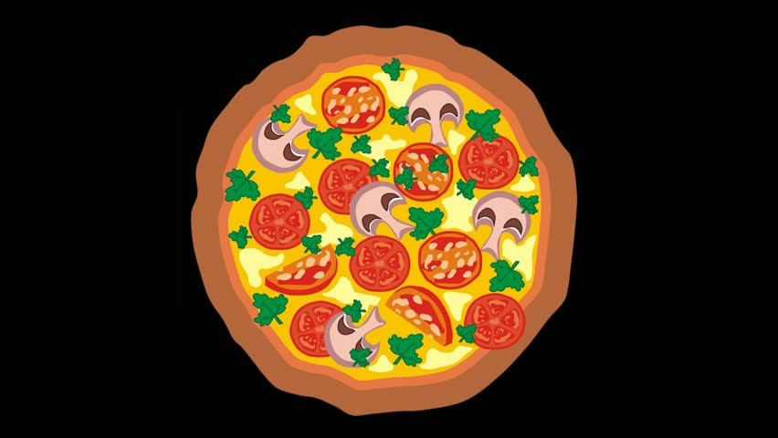 Video animation with round pizza
with smoked salami sausage, mushrooms champignons, vegetables tomatoes,
cheese, mayonnaise and parsley. 
Animated motion effect. Pizza video footage.