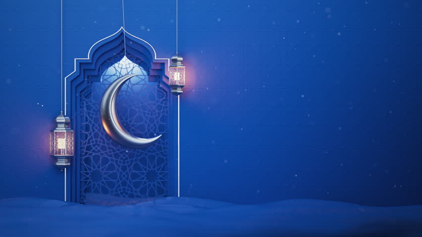 Blue Islamic interior with ornate window, hanging silver moon and lanterns animation. Ramadan Kareem Islam motion background with magic sparks. Holiday elegant animated 3d backdrop