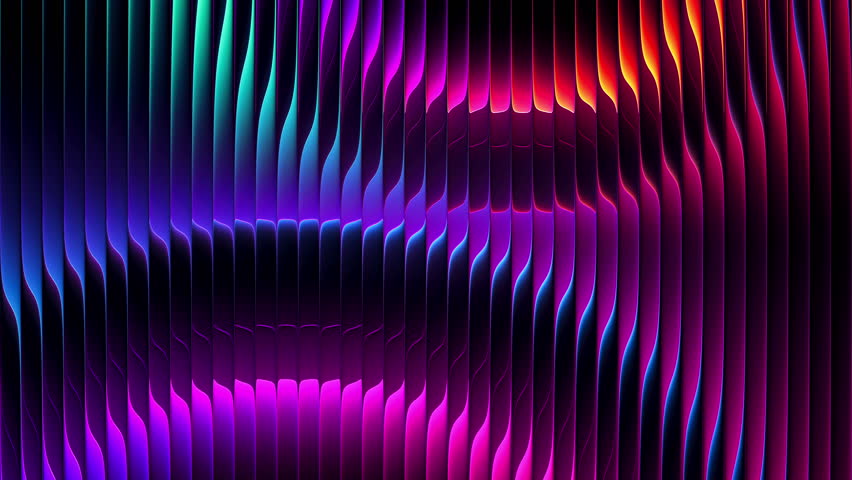 Colorful futuristic neon circles through textured glass. Luminous rings slowly rotating and distorted by ribbed glass for creative projects, digital screens and visual effects. Luminous gradients flow through reeded glass and bending light into abstract patterns. Reflected and refracted light with fluid distortions in ribbed glass surfaces for immersive visuals, music shows and digital performances. Seamless loop. 4K