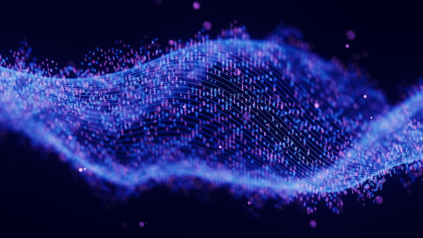 Futuristic technology binary digital wave motion with cloud data points. Cyberspace AI data flow concept. Abstract digital wave with moving numbers. Big data analysis animation.