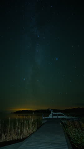 Vertical time-lapse of milkyway night sky above a the archipelago of Finland