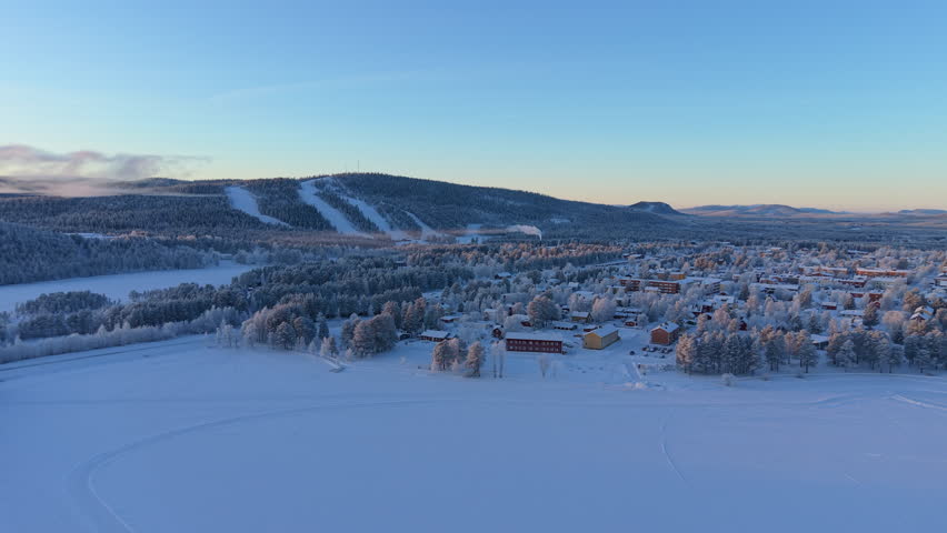 Beautiful Snow Landscape with Ski Slopes in Arvidsjaur Sweden AERIAL