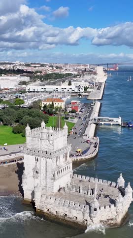 Belem Tower At Lisbon In Lisbon District Portugal. Coastal Castle. Fortress Landscape. Belem Tower At Lisbon In Portugal. Medieval Building. Touristic Landmark. Portugal Skyline.
