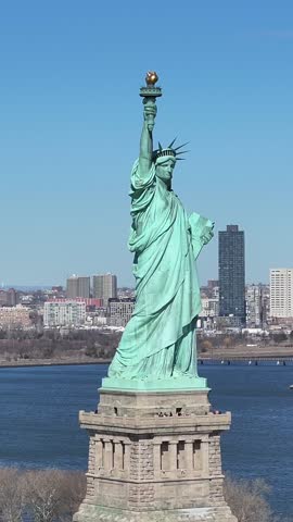 Statue Of Liberty At Manhattan In New York United States. Liberty State Park. Downtown New York City. Statue Of Liberty At New York United States. Boat Sailing Scene.