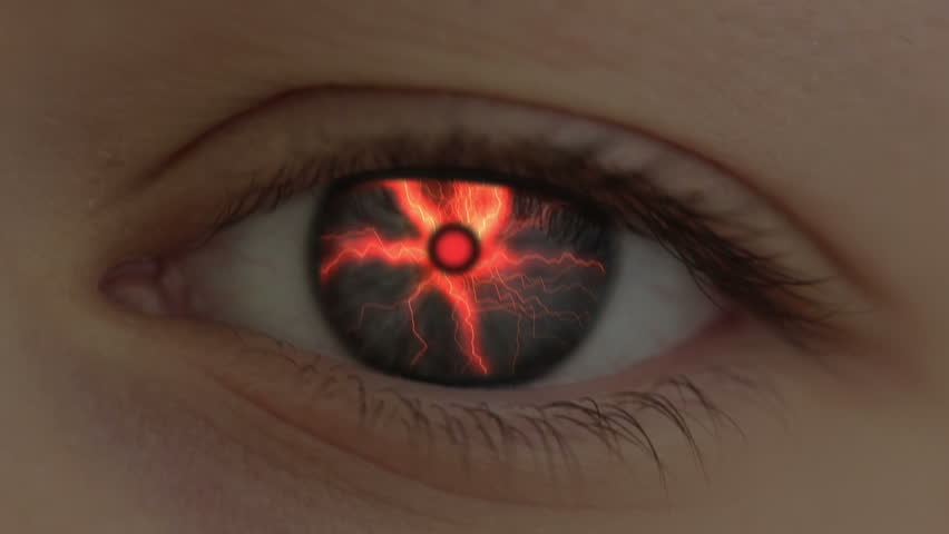 The human eye is transformed into the eye of the beast. Lightning are flashing.