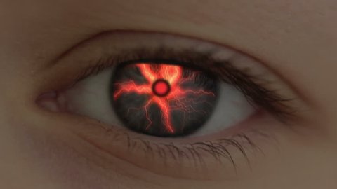 The human eye is transformed into the eye of the beast. Lightning are flashing. Hell-fire is lit