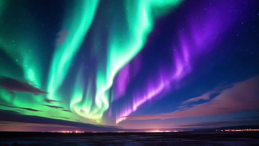 The aurora borealis, or northern lights, dance across the sky. The lights are a mix of bright green and intense purple.