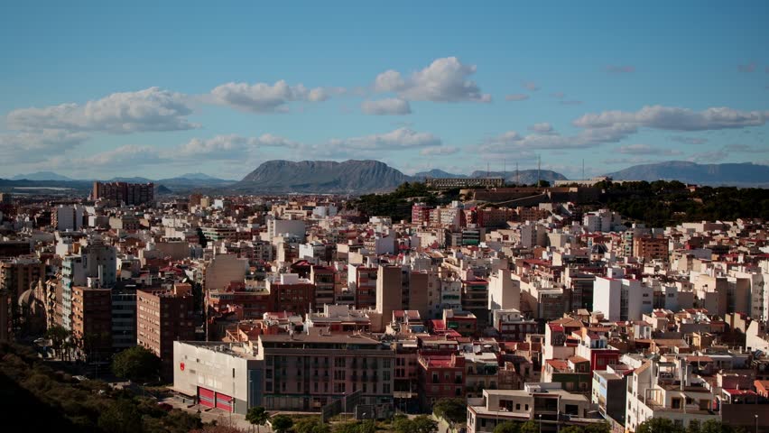 Panoramic City Skyline with Mountain Background, Wide panoramic view of a Mediterranean city skyline with dense urban buildings, distant mountains, and soft clouds under a bright blue sky.