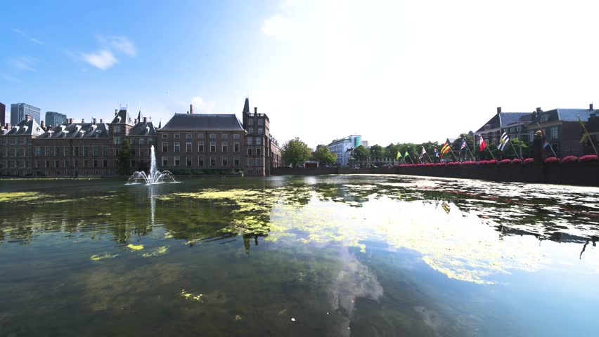 Reflection of The Hague skyline and Dutch Binnenhof parliament building, Netherlands