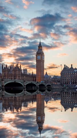 Sunset to night time lapse view of the Elizabeth Tower, so called Big Ben, in Westminster, London, with reflections in the river Thames