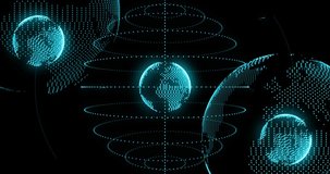 On load turquoise dotted globes rotating forming rings while UI panels sliding showing data for ops. Spheres, holographic, cyan, networks, interface, dashboard, futuristic - Powered by Shutterstock - Get 15% off with code: PIKWIZARD15
