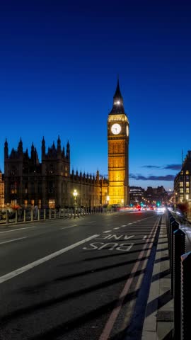 Time lapse view of the illuminated Elizabeth, or called Big Ben, tower in London, England, during evening with blurred street traffic and light trails