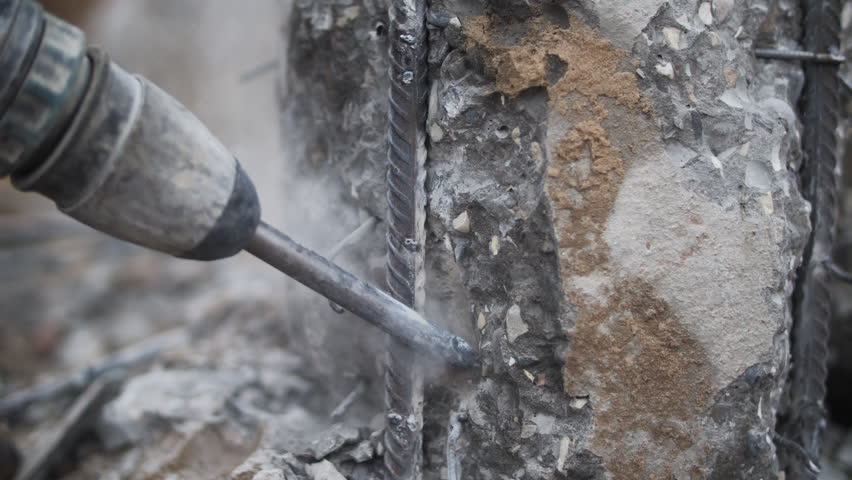 Drilling concrete wall with rotary hammer during construction