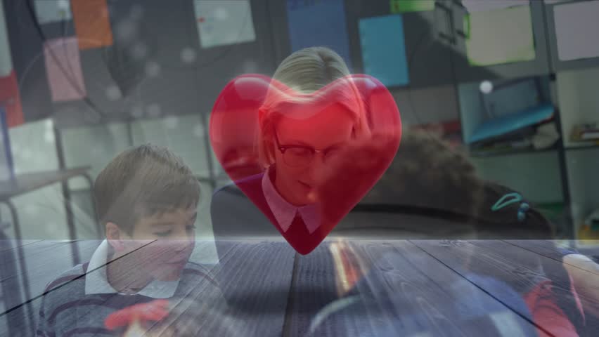 Teacher leaning, smiling, guiding students sharing craft pieces in classroom under floating heart. Education, learning, groupwork, interaction, mentorship, materials, handson